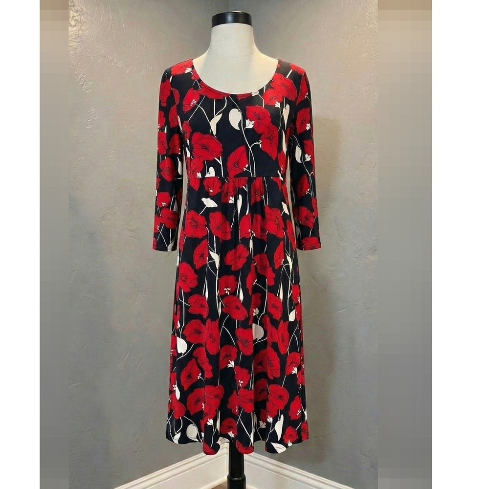 Ann Taylor Loft Black Red Floral Dress Medium Stretchy Elegant - Picture 1 of 8